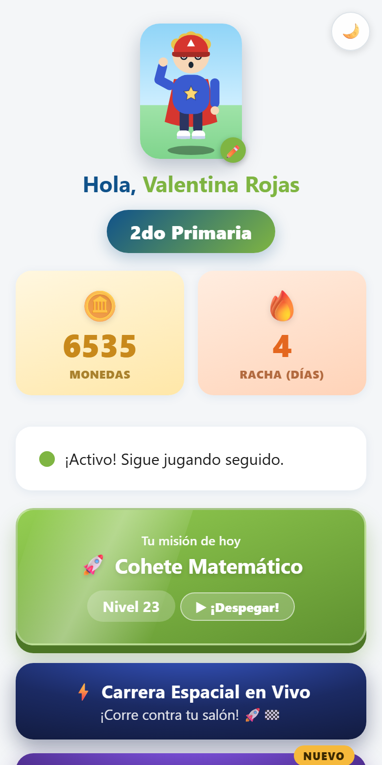 Pantalla del estudiante en Misión Foco: su avatar Sabogalito, monedas, racha y su misión de hoy